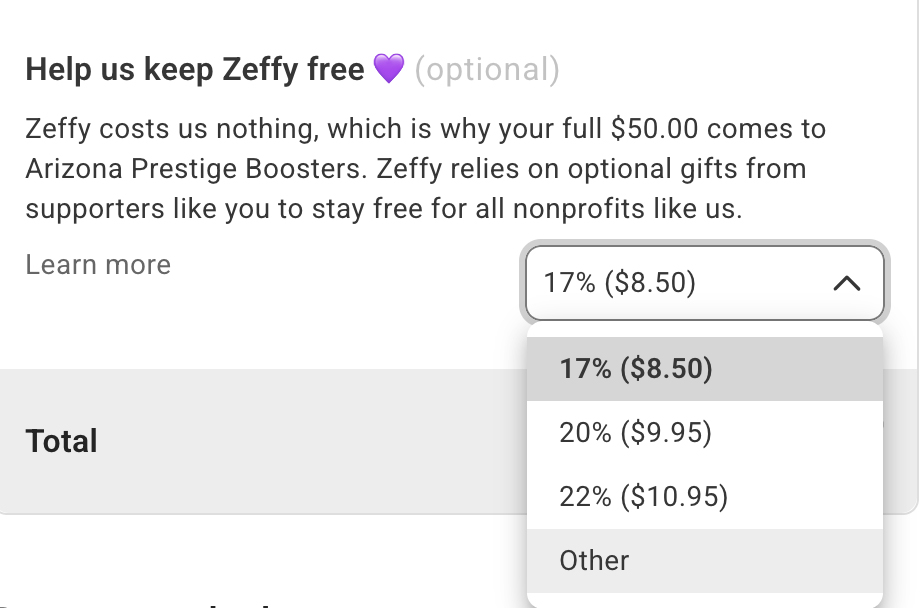 Zeffy checkout screen showing the optional contribution dropdown